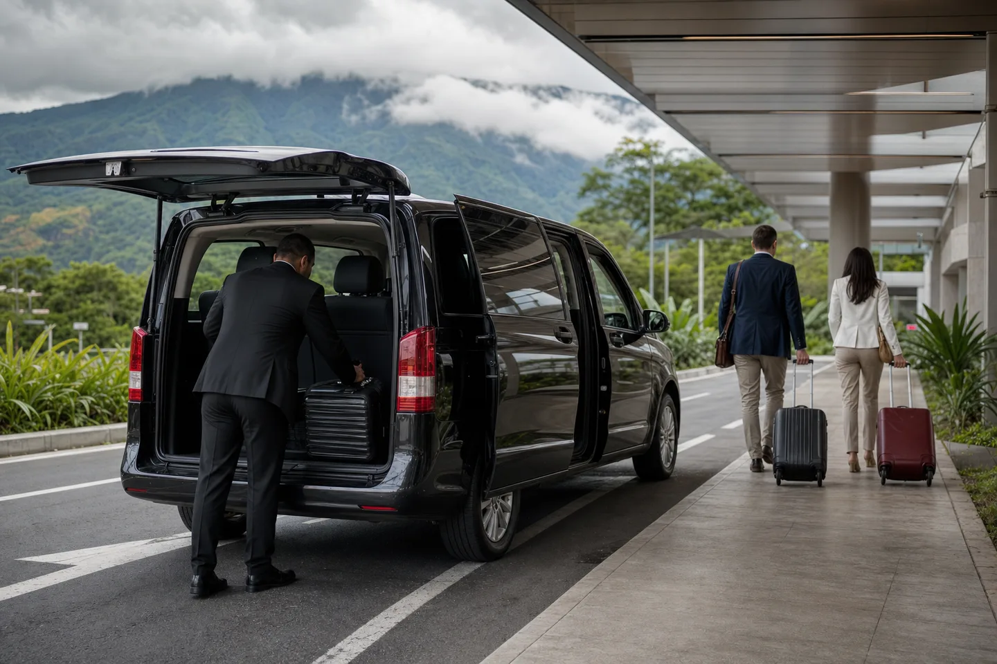 A professional driver assisting travellers beside an executive vehicle in Costa Rica.